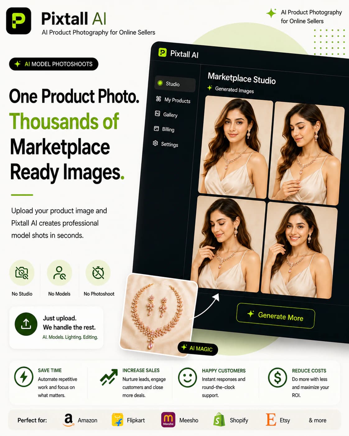 Pixtall campaign poster showing product imagery generated for a jewellery campaign