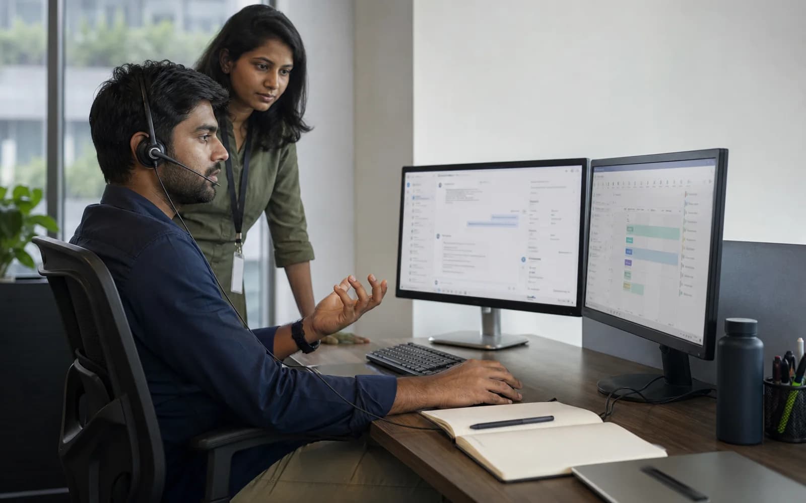 Customer operations specialists coordinating a request across messaging and scheduling systems