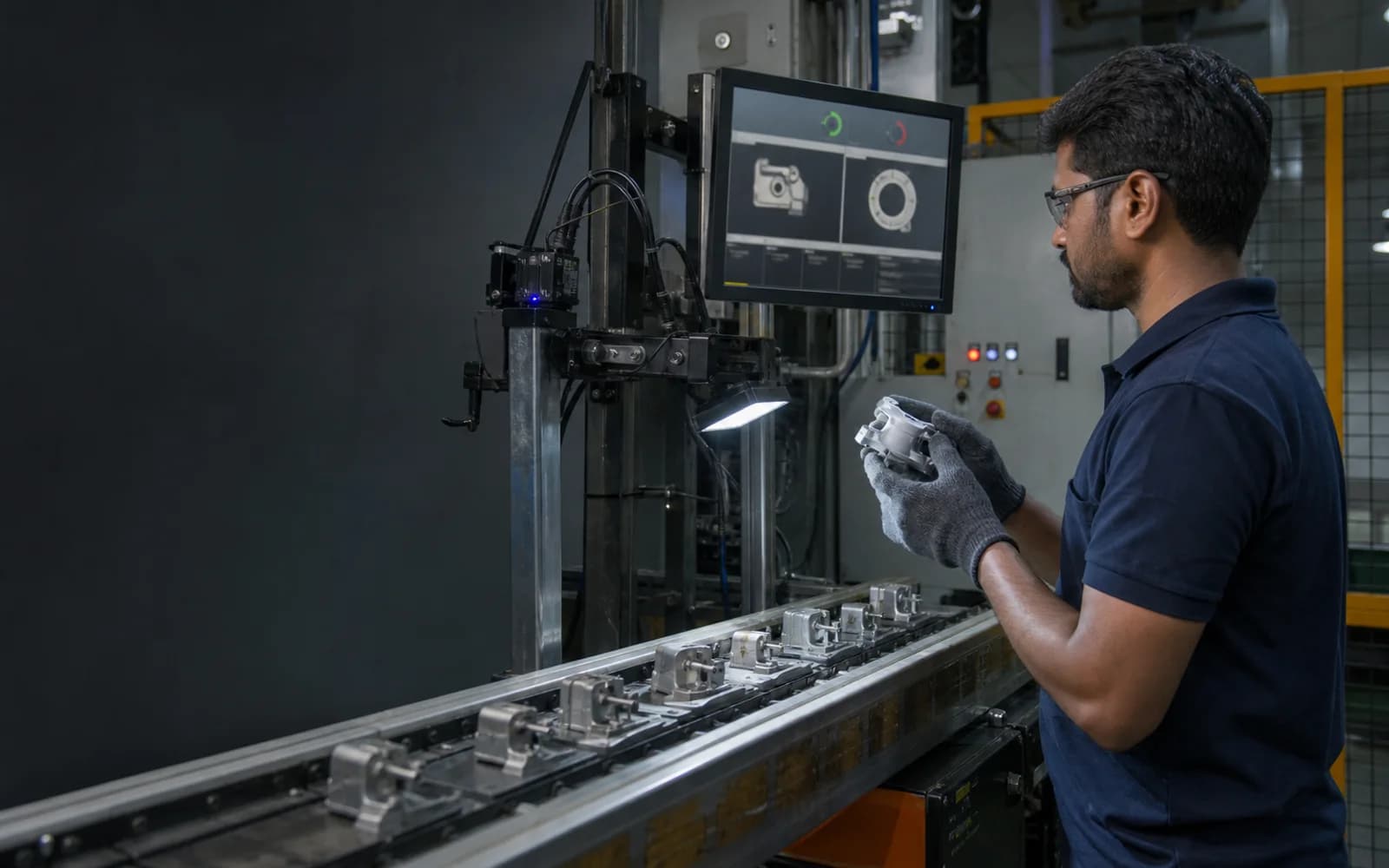 Quality engineer reviewing a machined component beside a fixed industrial vision inspection station