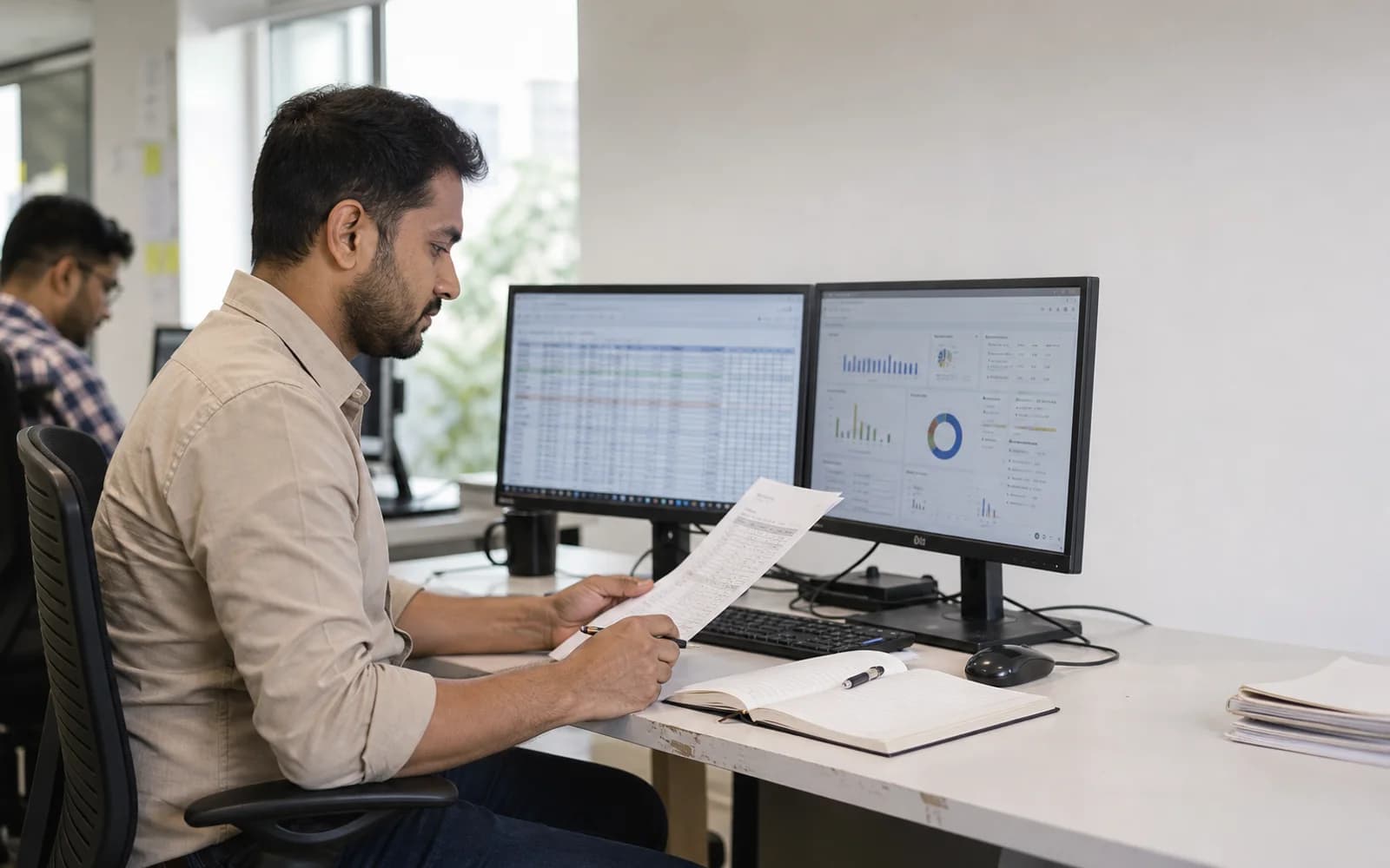 Operations analyst reviewing source records and a business dashboard at a dual-monitor workstation