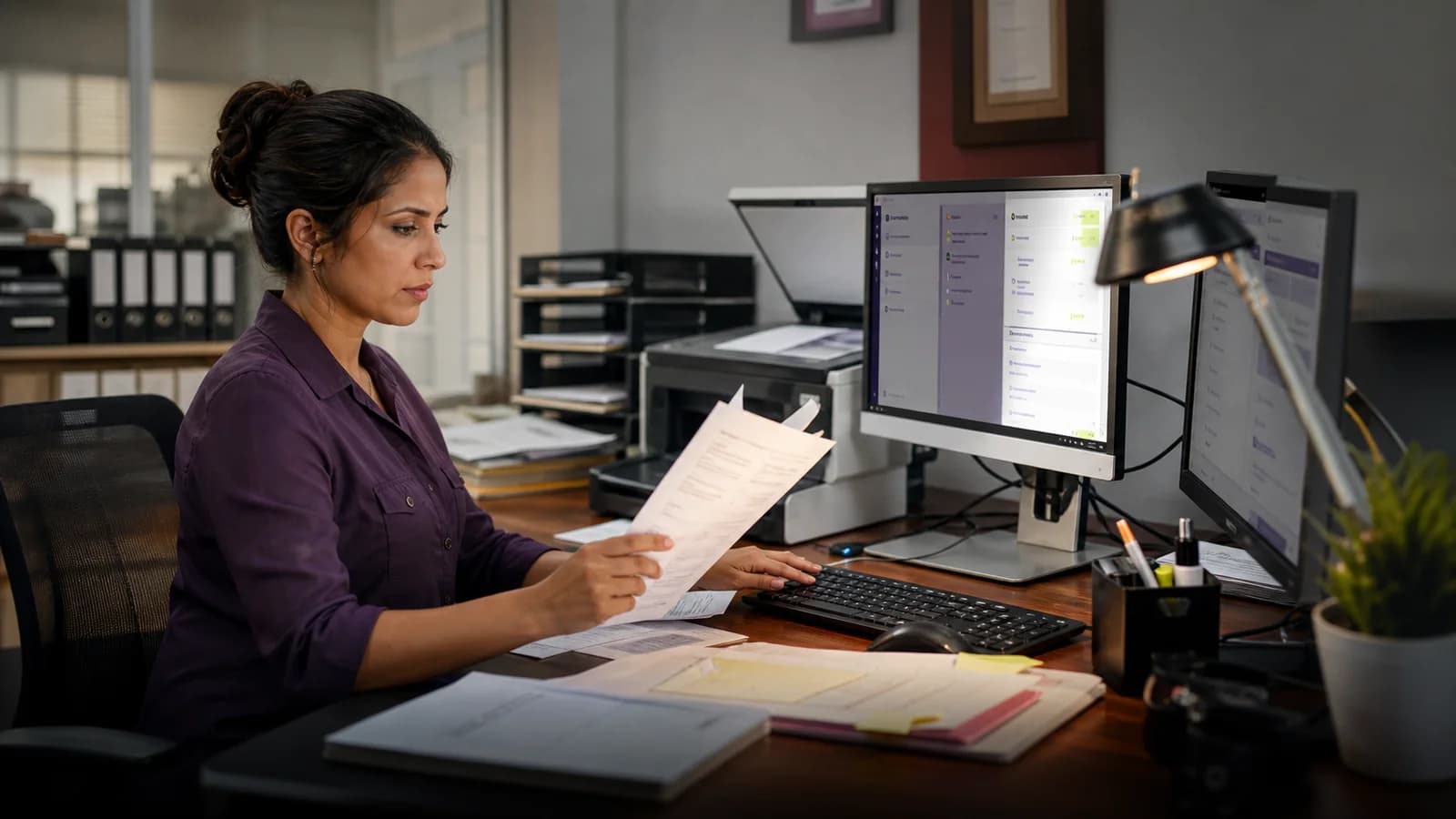 Accounts-payable analyst reviewing an invoice, purchase context, and approval state