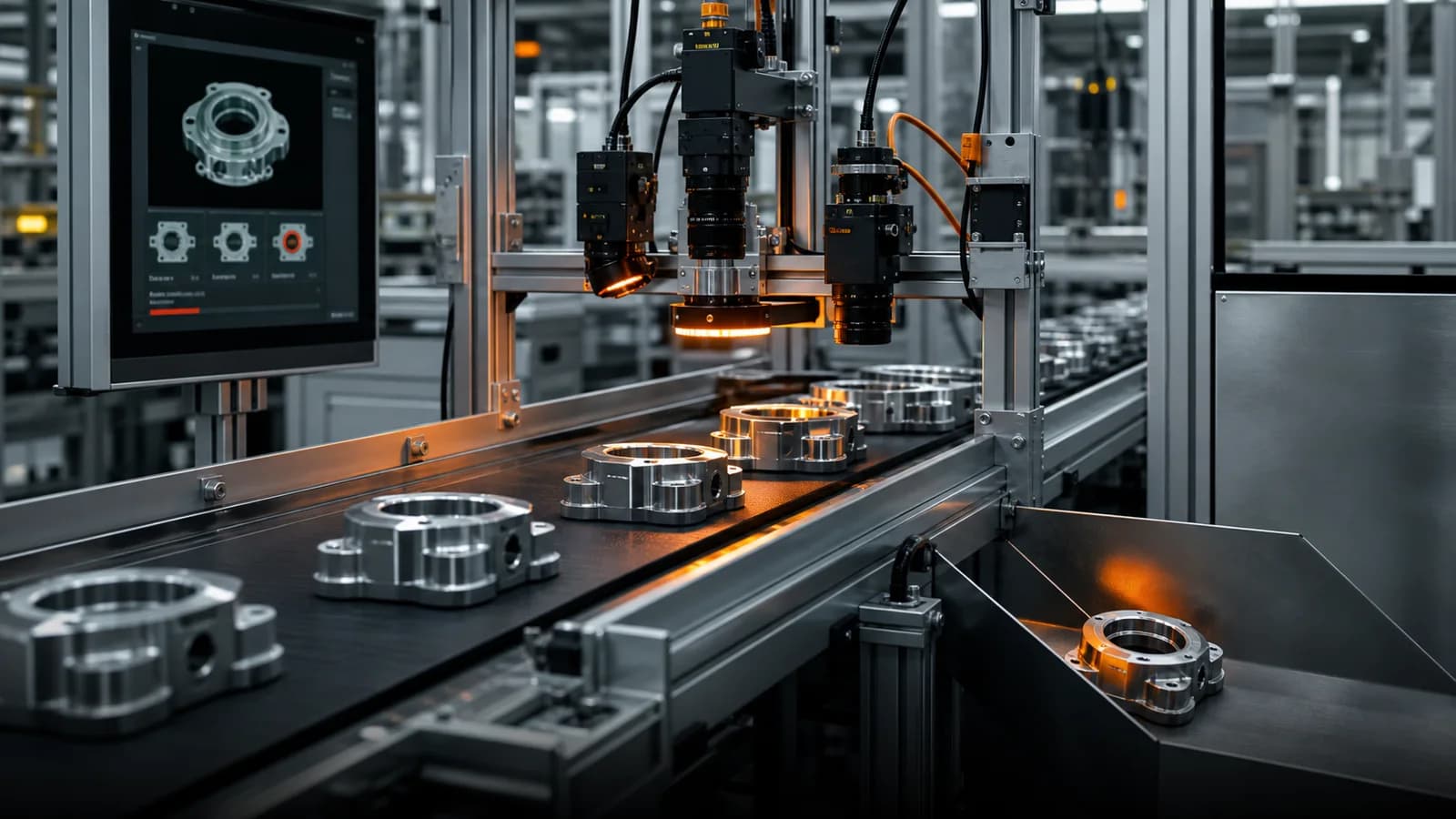 Industrial cameras inspecting precision components on a manufacturing conveyor